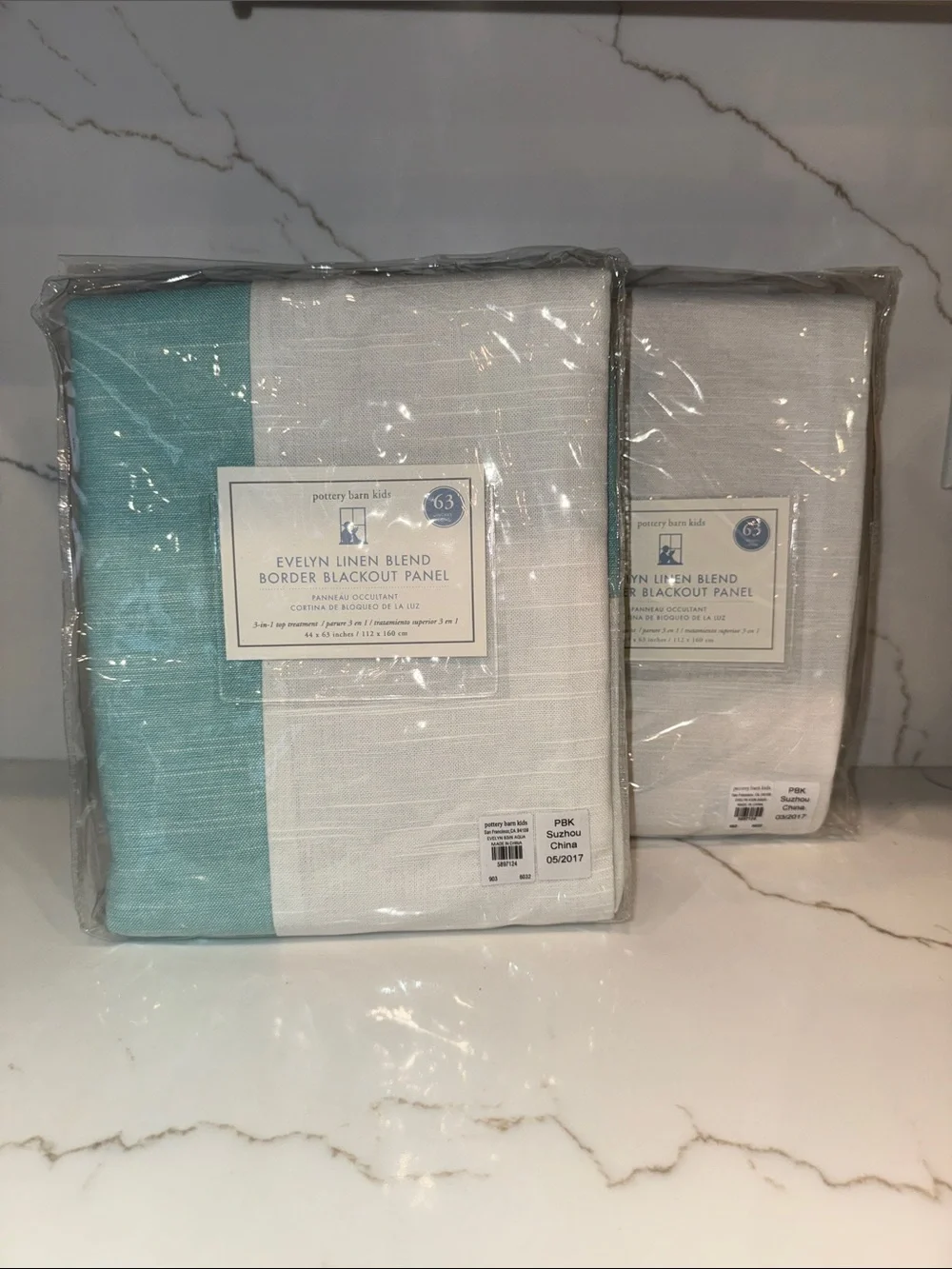 NWT 63” Pottery Barn Kids Border Blackout Panel - Aqua & White - Set of 2